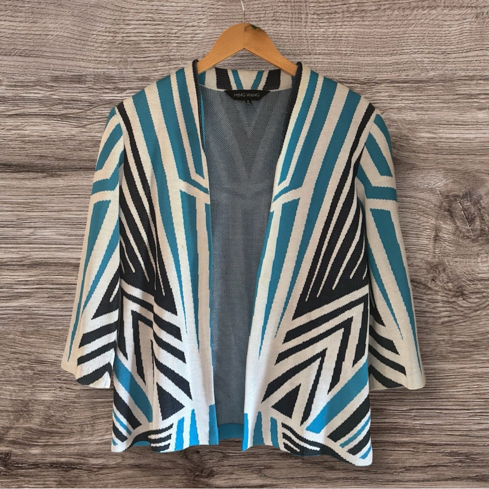 ❄️ 50% off winter Ming Wang Blue Black Geometric 3/4 Sleeves Cardigan Top S